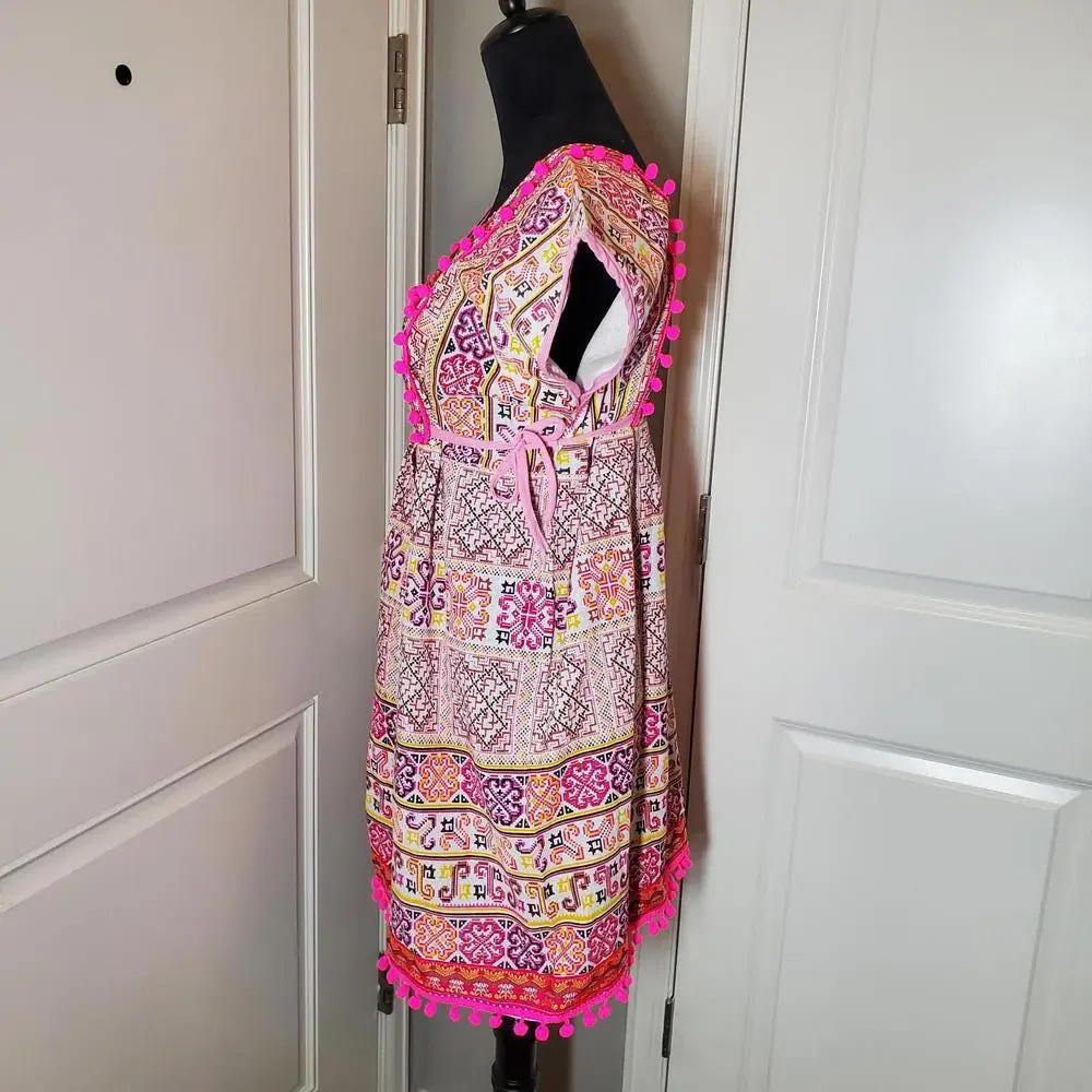 Pink Boho Thai Dress One Size Midi Tie Sides Embroidered Multi Color - Picture 12 of 16